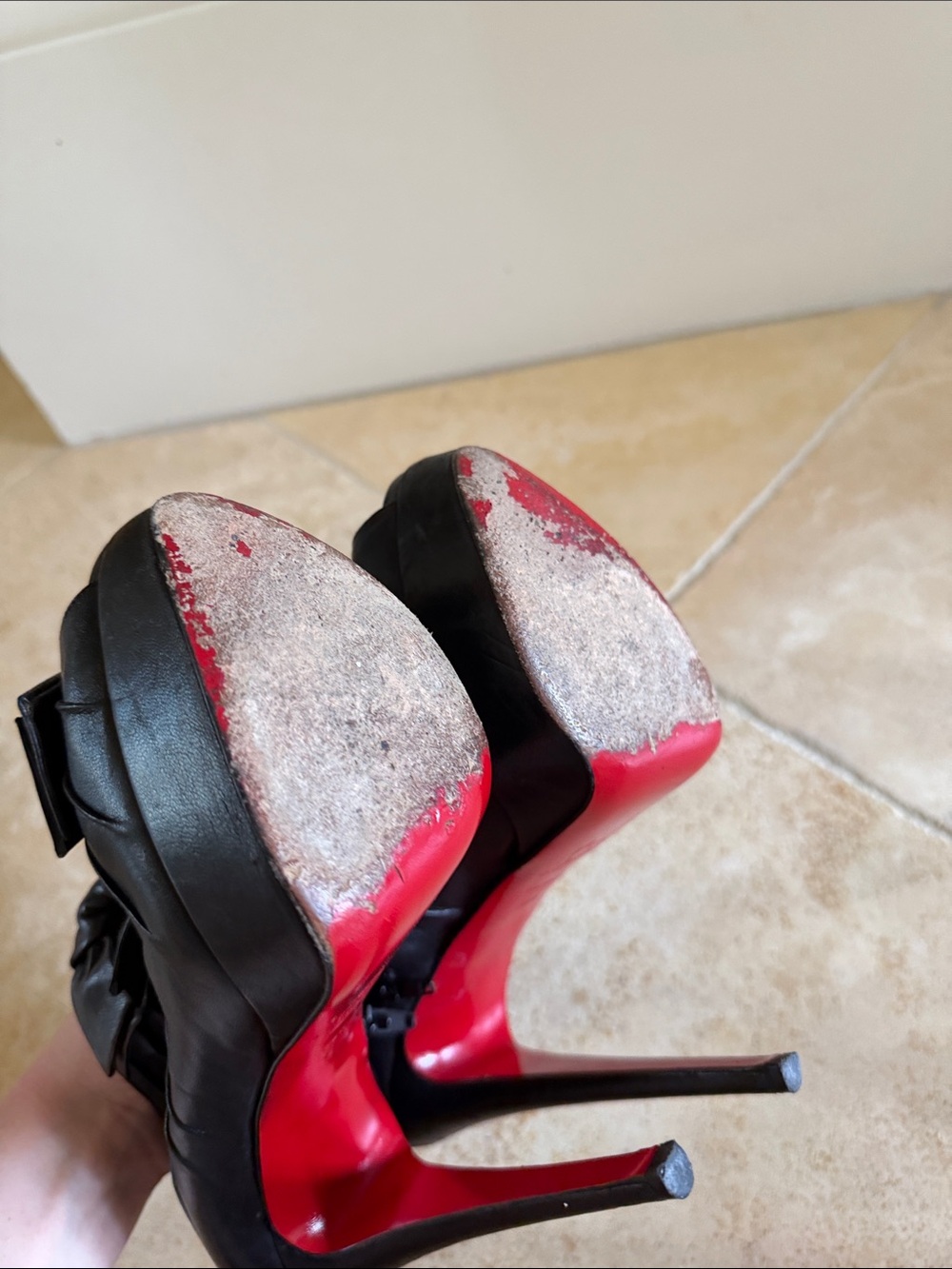 Christian Louboutin Black Leather Peep-Toe Bow Platform Heels - Picture 5 of 8
